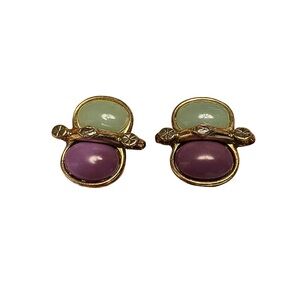 Cabochon Clip-On Earrings Mint Green Mauve Purple Gold Tone Vintage